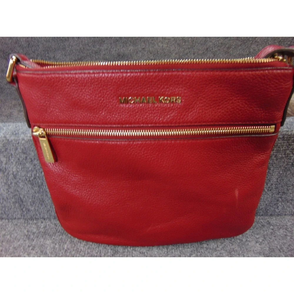 Michael Kors Bedford Red Pebbled‎ Leather Crossbody Bag 32H2MBFC2L Gold Hardware